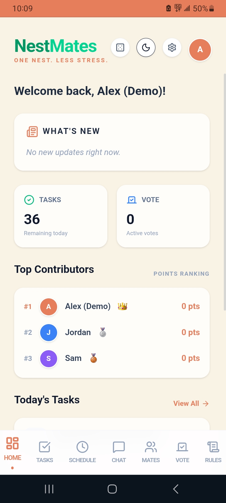 NestMates roommate chore app home dashboard with chores, tasks and top contributors