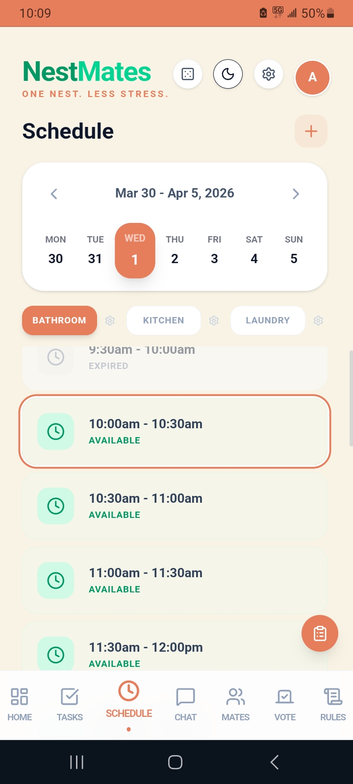 NestMates shared calendar for roommates with bathroom and kitchen shared space schedule