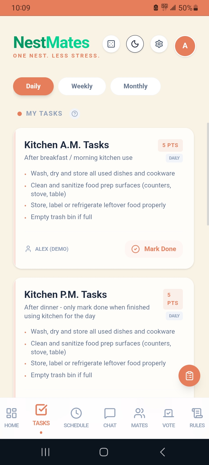 NestMates roommate task manager showing assigned chores and a chore chart for roommates